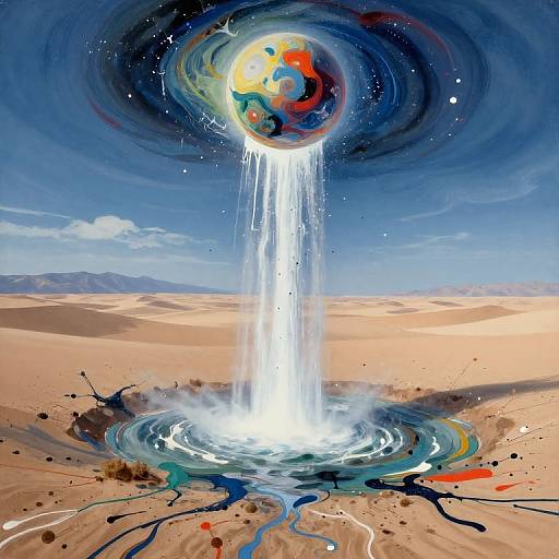 Digital art: A colorful, swirling planet with waterfalls pours into a desert oasis, creating a vivid, surreal scene with cosmic and terrestrial elements.