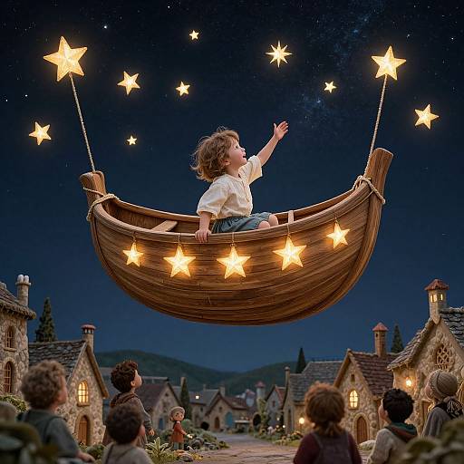 Photograph of a curly-haired child in a white shirt and blue shorts, flying on a wooden swing with glowing stars, above a whimsical, fairy