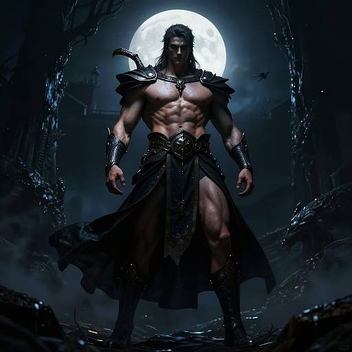 Digital artwork of a muscular, shirtless warrior with long hair, black armor, and a flowing skirt, standing under a full moon in a dark,
