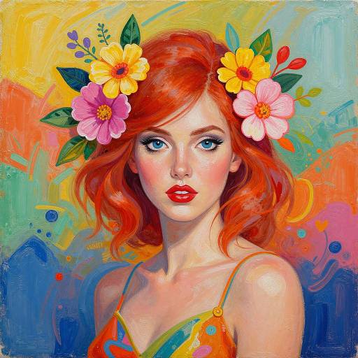 Digital painting of a fair-skinned, red-haired woman with blue eyes, wearing a colorful floral headpiece and dress, against a vibrant, abstract background
