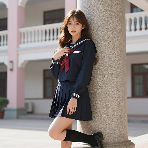 Photorealistic Asian Schoolgirl Against Column