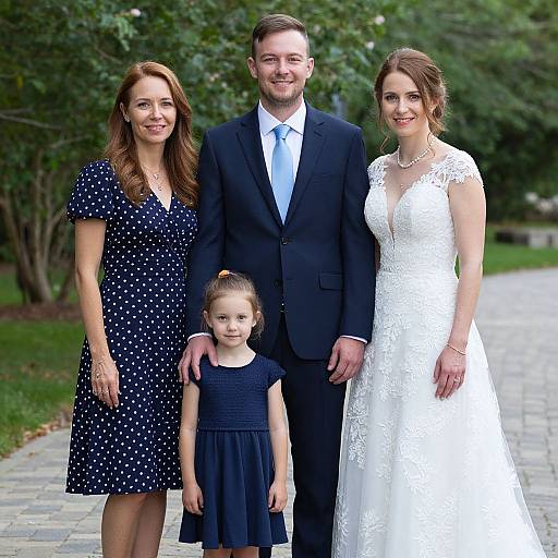 Photograph of a smiling family: father in dark suit, mother in white lace dress, older sister in blue polka dot dress, and young daughter