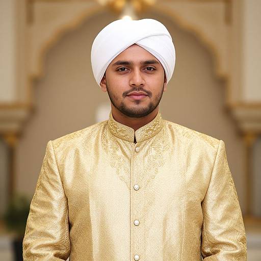 Photograph of a South Asian man with medium brown skin, trimmed beard, wearing a white turban and gold embroidered sherwani, standing in front