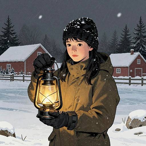 Teenage Ice-Fisherwoman in Snow Squall