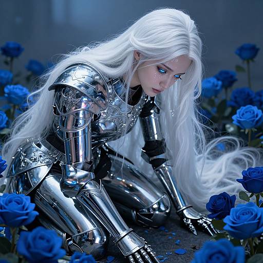 Photograph-style digital art of a white-haired woman with blue eyes, wearing shiny silver armor, kneeling among vibrant blue roses, creating a futuristic, eth