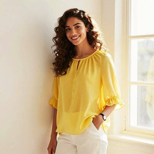 Photograph of a smiling woman with long curly brown hair, wearing a yellow blouse and white pants, standing near a sunlit window.