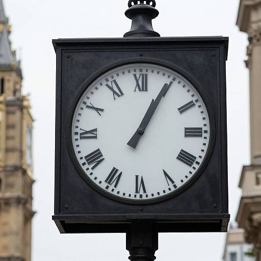 Photograph of a black, square, vintage-style clock with a white face and black Roman numerals, set against a blurred cityscape background.