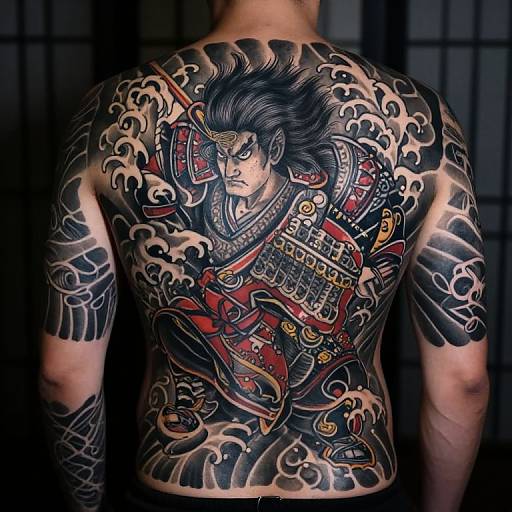 Photograph of a male back tattoo featuring a detailed, colorful samurai warrior with a red sword, surrounded by dynamic waves.