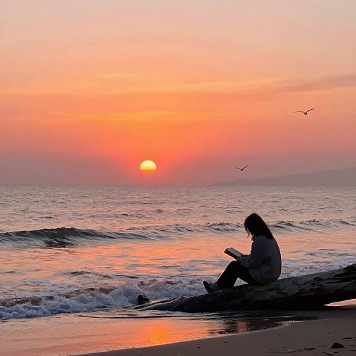 Photograph of a silhouetted person with long hair sitting on a beach, reading, against a vibrant orange sunset and gentle waves. Birds fly