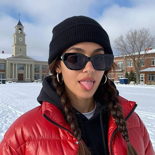 Stylish Woman in Snowy Urban Setting