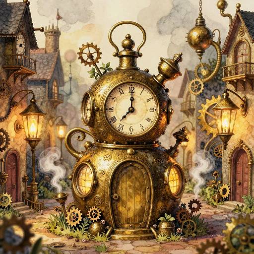 Whimsical Pocket-Watch Cottage Illustration