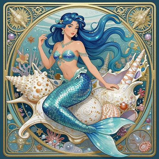 Digital illustration of a blue-haired mermaid with shimmering scales, wearing a seashell bra, surrounded by colorful sea creatures and coral, within an