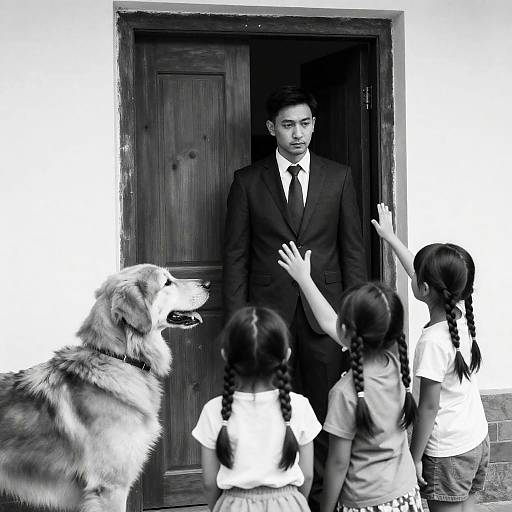 Serious Man with Children and Dog