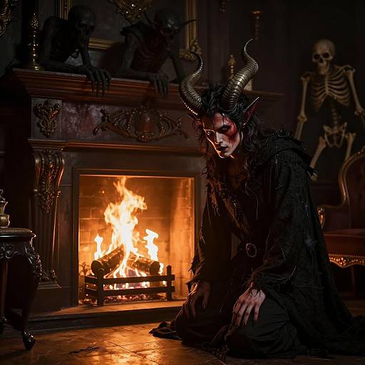 Demonic Figure Kneeling by Fireplace