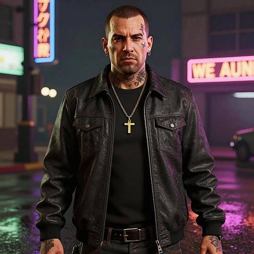 Photograph of a tattooed, stern-faced man with a buzz cut, wearing a black leather jacket, black shirt, and cross necklace, standing on