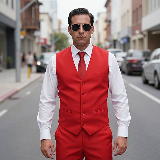 Photograph of a serious, dark-haired man in a bright red vest and pants, white shirt, red tie, and black sunglasses, standing on a