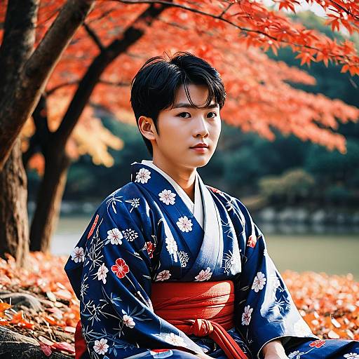 Young Man in Traditional Kimono Outdoors