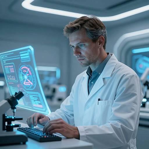 Photograph of a focused, middle-aged man with gray hair in a white lab coat, working on a glowing blue computer screen in a futuristic, brightly