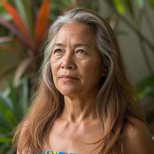 Photograph of a middle-aged Native American woman with long, silver-streaked brown hair, light brown skin, and calm expression, standing against a