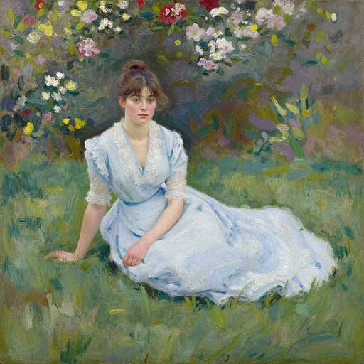 Impressionist painting of a young woman with fair skin and dark hair in a white lace dress, sitting on green grass, surrounded by colorful flowers.