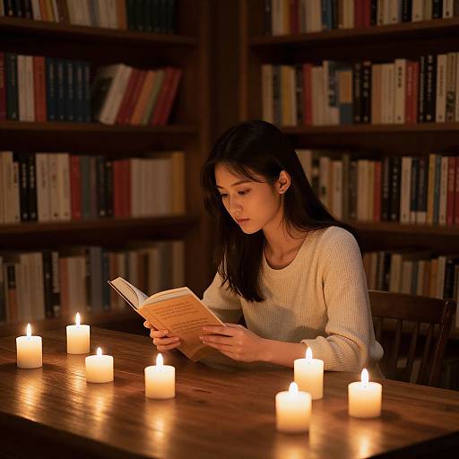 Photograph of an Asian woman with long black hair, wearing a cream sweater, reading a book in a dimly lit library, surrounded by seven lit