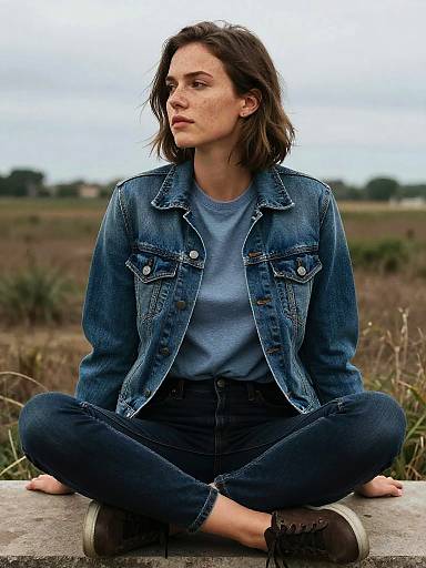 Freckled Woman in Denim Jacket Sitting Outdoors