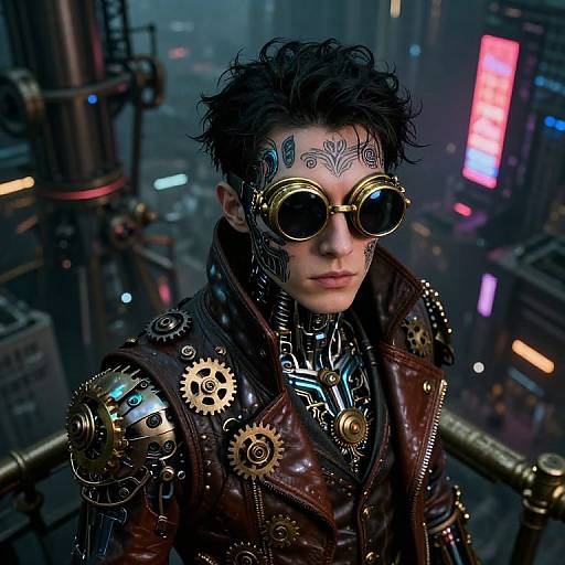 Cyberpunk portrait of a pale-skinned person with black, curly hair, wearing round goggles, tribal face tattoos, and a leather jacket adorned with