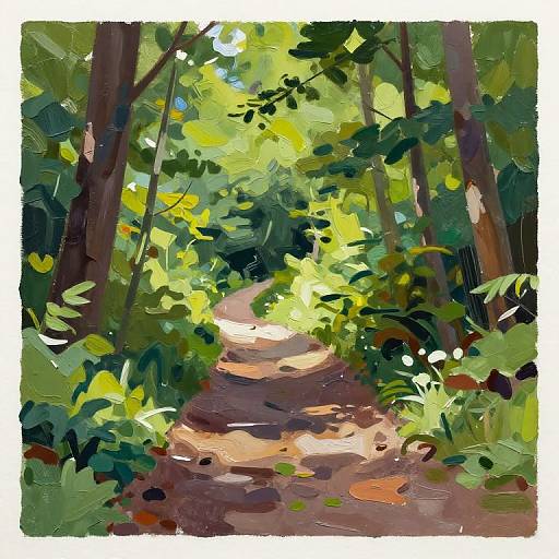 Digital painting of a sunlit forest path, surrounded by vibrant green foliage and tall trees, with dappled light on the earthy trail.