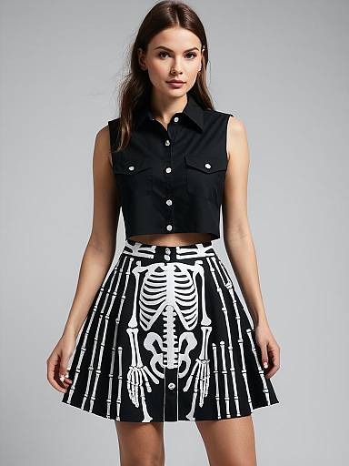 Woman in Edgy Skeleton Print Skirt and Black Crop Top