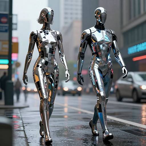 Photorealistic CGI of two shiny, silver humanoid robots walking on a wet, reflective city street at night, with blurred lights and buildings in the background