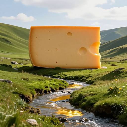 Photorealistic image of a large Swiss cheese slice towering over a green hillside with a small stream and sunlight reflecting off the water.