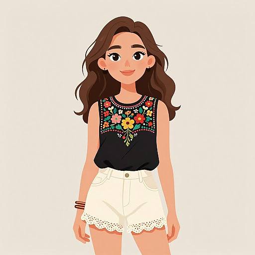 Smiling Bohemian Woman with Floral Embroidery