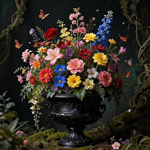Photograph of a vibrant, black ornate vase filled with colorful flowers, including red, yellow, pink, and blue blooms, surrounded by butterflies and