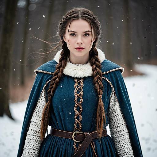 Young Woman in Winter Medieval Dress with Braided Hair