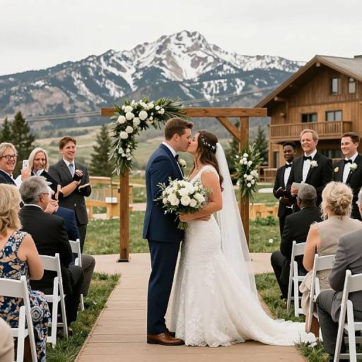 Photograph of a bride and groom kissing at an outdoor mountain wedding, surrounded by guests, floral arch, and wooden structure.