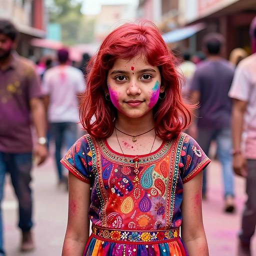 Photograph of a young girl with red hair, wearing a colorful, patterned dress, face and hands painted with vibrant Holi powders, standing