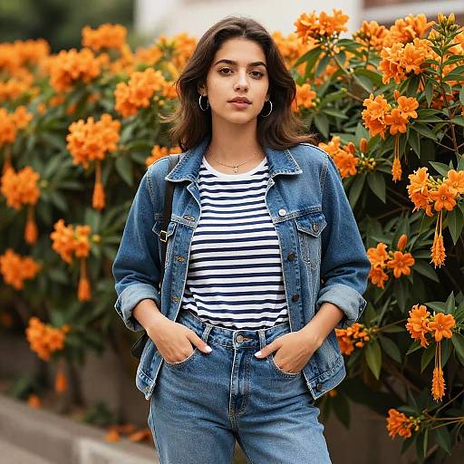 Photograph of a young woman with medium skin tone, dark wavy hair, wearing a denim jacket and striped shirt, standing in front of vibrant orange