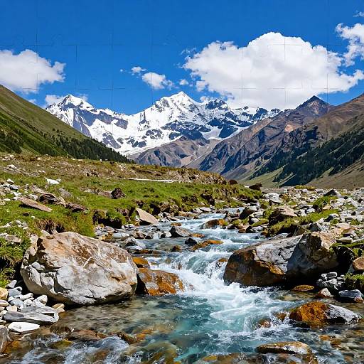 Photograph of a vibrant mountain landscape with a clear blue sky, white clouds, snow-capped peaks, rushing stream, and rocky terrain.