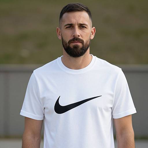 Photograph of a bearded, dark-haired man with a serious expression, wearing a white Nike t-shirt with a black Nike logo, standing outdoors in