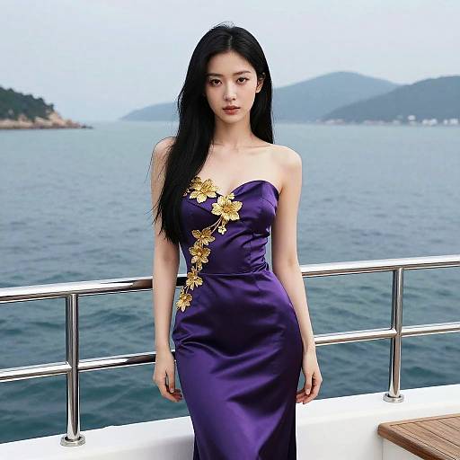 Photograph of an East Asian woman with long black hair, wearing a strapless purple satin dress with gold floral embroidery, standing on a boat deck with