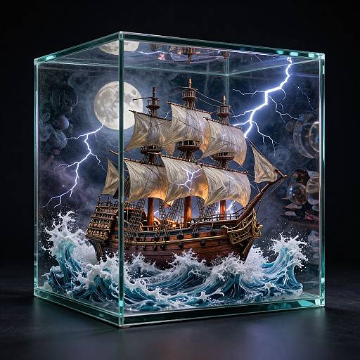 Photograph of a detailed, illuminated, stormy ship model with lightning, waves, and a full moon inside a clear cube.