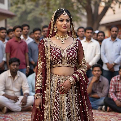 Photograph of a South Asian woman in traditional maroon and gold bridal attire with intricate embroidery, standing confidently in front of a crowd of men in casual