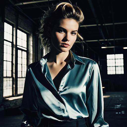 Fashion model with Van Dyke hairstyle in satin blouse