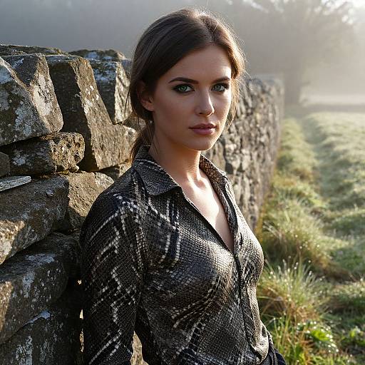 Photograph of a serious, fair-skinned woman with brown hair, wearing a snake-patterned shirt, standing against a mossy stone wall in a