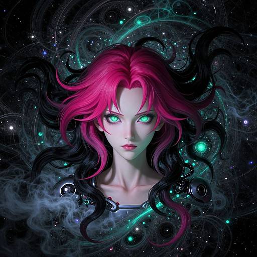 Digital fantasy art of a pale-skinned woman with vibrant pink and black hair, glowing green eyes, surrounded by cosmic swirls and stars.