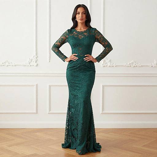 Elegant Woman in Dark Green Lace Gown