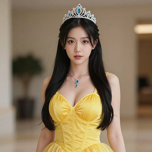 Photograph of an Asian woman with long black hair, wearing a silver tiara, yellow satin dress with deep neckline, and blue pendant necklace, standing