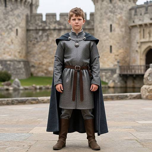 Photograph of a young boy in medieval knight attire, standing before a stone castle with a blue cloak, brown boots, and chainmail tunic.