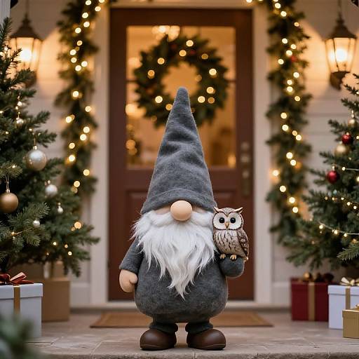 Photograph of a gray gnomes with white beard, brown shoes, and owl figurine, standing in front of a warmly lit Christmas door with
