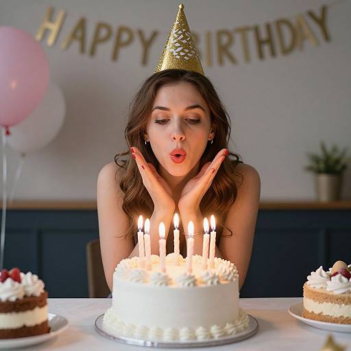 Photograph of a young woman with wavy brown hair, wearing a gold party hat, blowing a kiss at a candlelit birthday cake. Background: